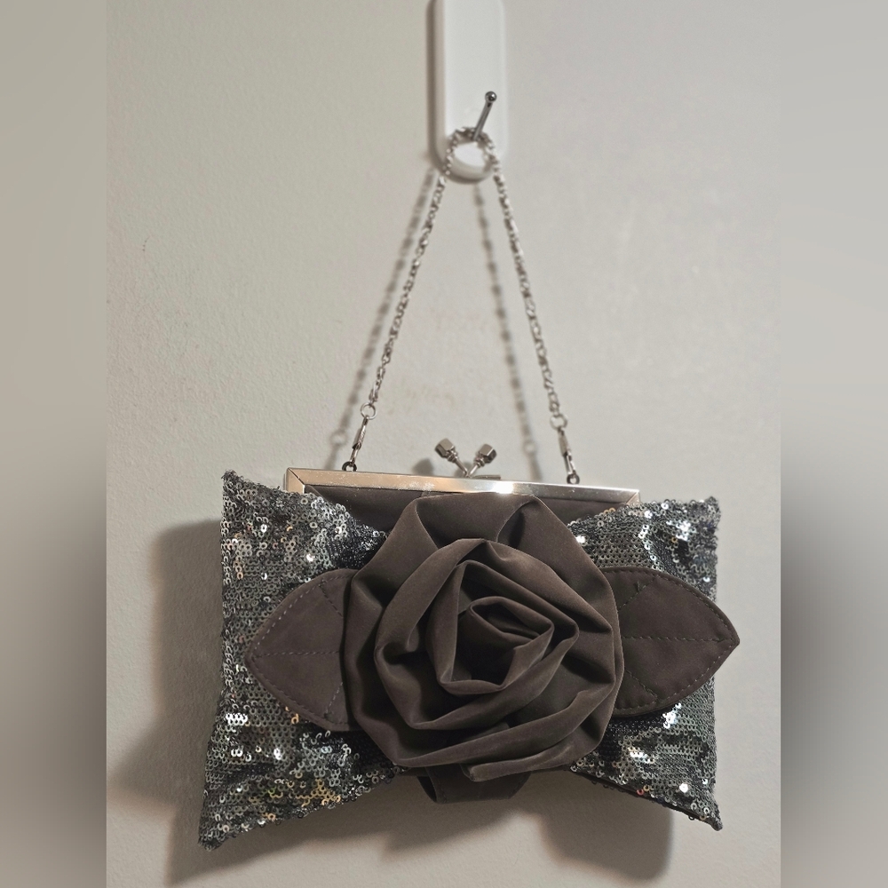 Elegant Silver Sequin Clutch with Floral Accent
